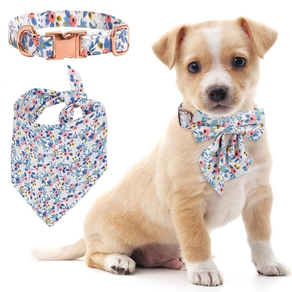 Dog Puppy Bow Floral Adjustable Detachable Collar Bandana Bone Shape Tag S/M NEW